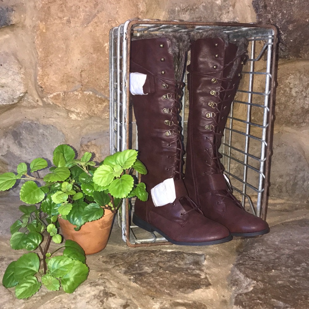 Dark knee high faux fur boots